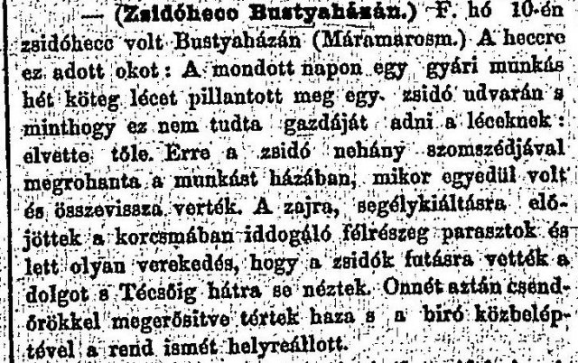 „Zsidóhecc Bustyaházán.” (Forrás: Budapesti Hírlap, 1883. 09. 19., 5. o.)
